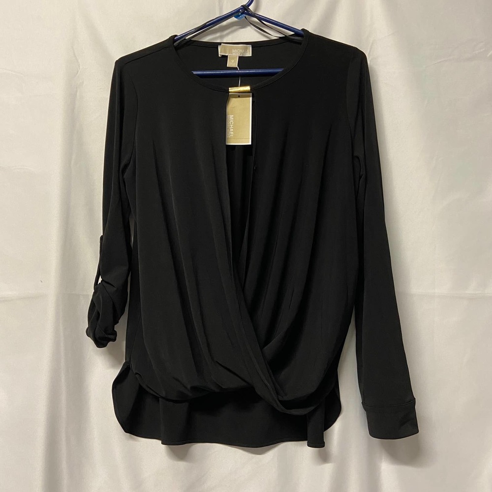 Michael Kors Blouse Dark Black Drape Front Top New with Tags NWT Size M